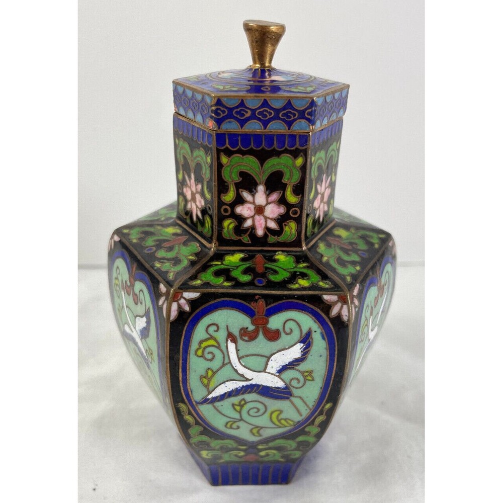 Enamel Cloisonne Crane Hexagon Jar Chinese Metal Antique Floral Lidded 5.25"T